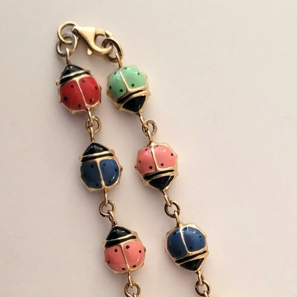 Lady Bug Multicolor Puffy Enamel Bracelet 10k Yellow Gold 3D - Picture 4 of 13